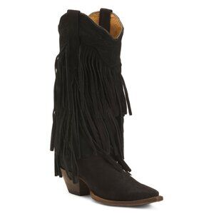 TANNER MARK Black Made In Mexico Suede Fringe Snip Toe Western Boots